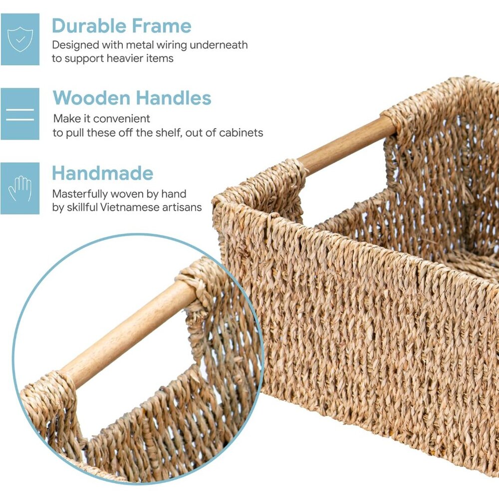 Large Natural Wicker Basket Rectangular with Wooden Handles, Seagrass Storage fo - Picture 5 of 9